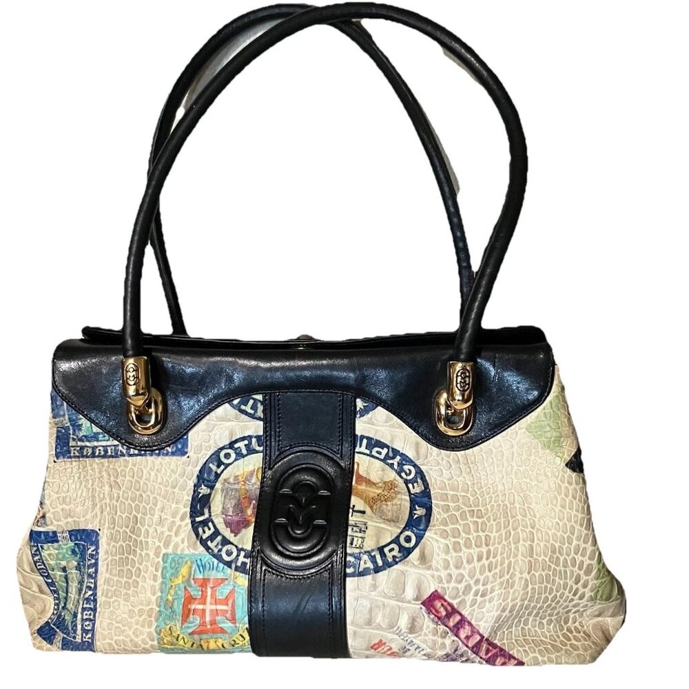 Marino Orlandi Cream and Black Travel-Stamp Satchel